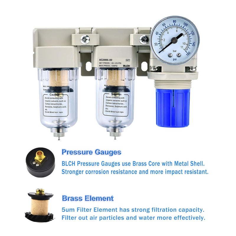 BLCH 1/4" NPT Air Compressor Dryer - Double Air Compressor Filter Air Compressor Regulator AC2000-02 Manual Drain Poly Bowl Gauge 0-160 PSI 5μm Brass - Image 3